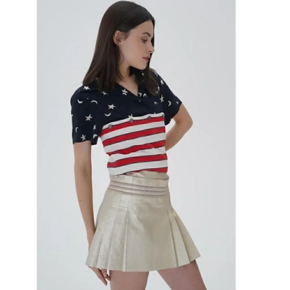 Chanel Mini Gold Cream Skirt Lame Pleated Size 2
